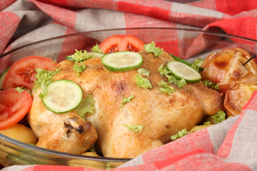 Crispy Roast Chicken with Garlic Chicken Stock and Vegetables